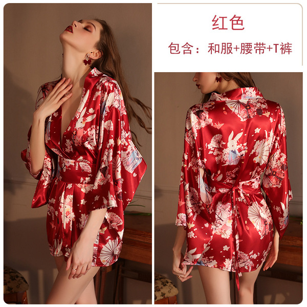 Kuoruo Sexy Kimono-Style Lingerie Set - Satin Open-Front Printed Role Play Outfit for Women - red