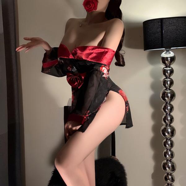 Japanese-style off-shoulder black floral kimono robe - sheer, hip-revealing roleplay bathrobe & cosplay cover-up, featuring e...