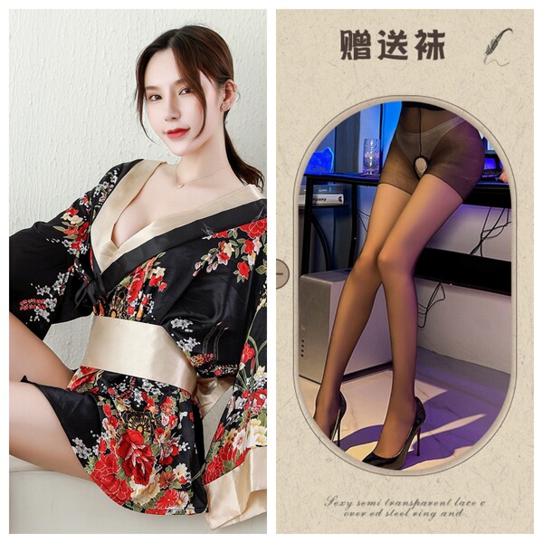 Japanese Geisha Sleepwear Set – Sexy Kimono Robe, Busty Bra & Ninja Cosplay Outfit for Women & Crossdressers - Black + Black Open Crotch Socks