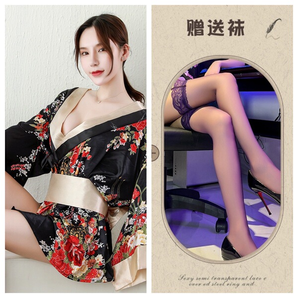 Japanese Geisha Sleepwear Set – Sexy Kimono Robe, Busty Bra & Ninja Cosplay Outfit for Women & Crossdressers - Black + black stockings