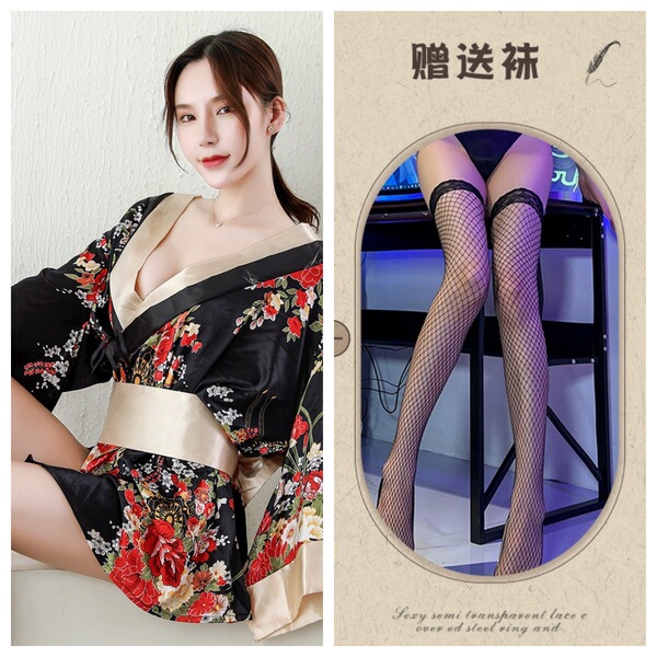 Japanese Geisha Sleepwear Set – Sexy Kimono Robe, Busty Bra & Ninja Cosplay Outfit for Women & Crossdressers - Black + Black Fishnet Stockings