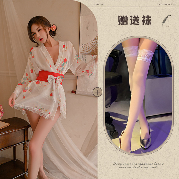 Pure & Playful Strawberry Lingerie Set – Japanese-Inspired Kimono-Style Lace Sleepwear with Bow Detail - Image color + white stockings