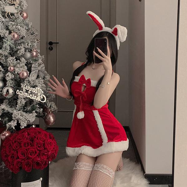 Red velvet sexy lingerie set - new year party sleepwear & role play costume for women, featuring festive bunny ears and a san...