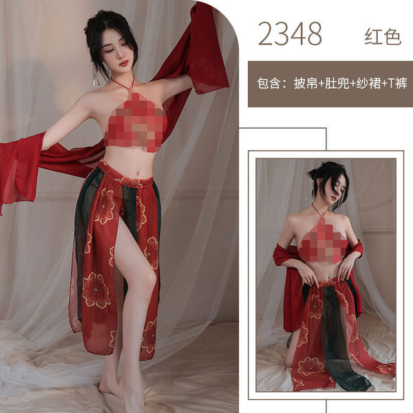 Misty Romance Chinese New Year Lingerie Set - Sheer Vintage-Inspired Bedroom Sleep Dress, No-Remove Seductive Nightwear - 2348-Red