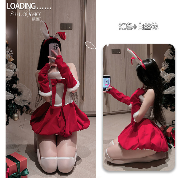 ShuoYao Sexy Christmas Lingerie Dress – Cute Bunny Girl Party Dress for New Year Eve & Holiday Parties - Red + matching stockings