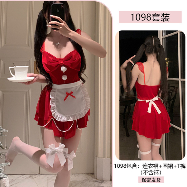 Yiyue Christmas Red Chef Lingerie Set – Sexy Pure-Temptation Holiday Sleepwear & Roleplay Costume - red