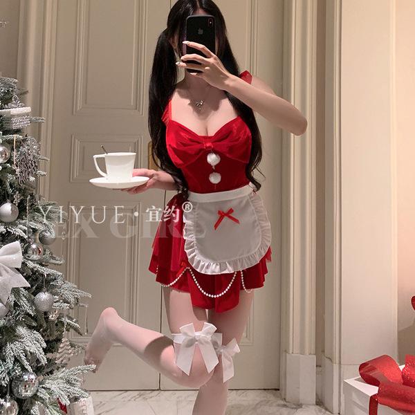 A woman poses with a cup, wearing a festive red chefs outfit from yiyue, perfect for holiday-themed roleplay or sleepwear.