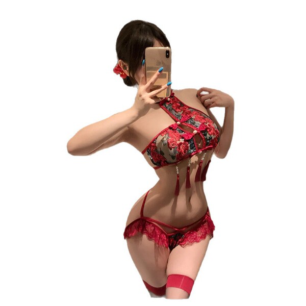 Woman in red floral luxury pure-yu silk hanfu bodysuit set – sheer sexy lingerie with open-crotch design, two-piece qqny outf...