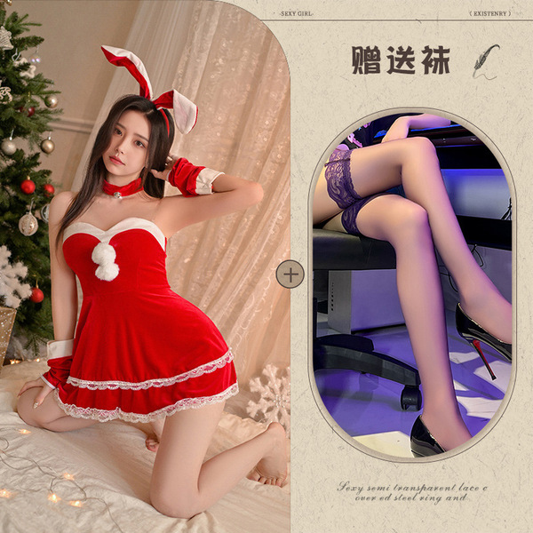 Christmas Bunny Girl Dress - Sexy Sheer Mesh Bodysuit with Sleeve Cuffs, Naughty Holiday Lingerie Set - Red + Black Stockings