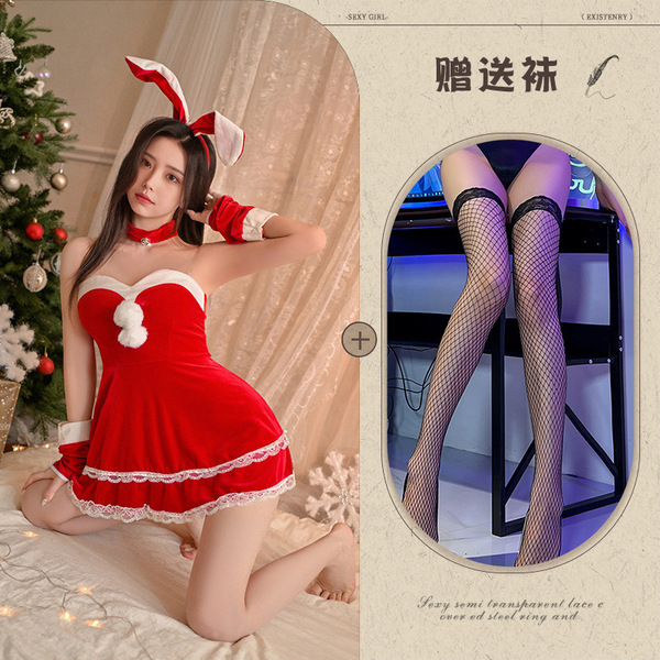 Christmas Bunny Girl Dress - Sexy Sheer Mesh Bodysuit with Sleeve Cuffs, Naughty Holiday Lingerie Set - Red and black fishnet stockings
