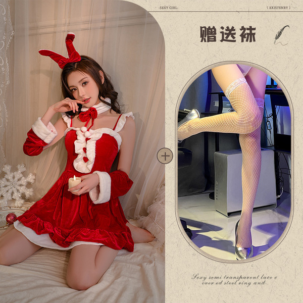 Velvet Christmas Lingerie Set - Festive New Year Lolita Sleepwear & Matching Robe Outfit - Red and white fishnet stockings