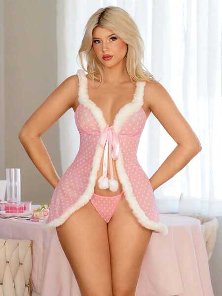 Red Bunny Girl Christmas Outfit - Sexy Holiday Lingerie Set & Pure-Temptation Slip Dress for Women - pink