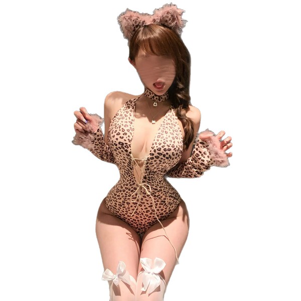 Leopard print role play lingerie set featuring cross-bands, fluffy ears, and bows, perfect for couples seeking a sexy and pla...
