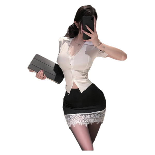 Woman in white deep v-neck blouse and black lace-trim skirt, holding phone and clutch. night seductive secretary costume 775...
