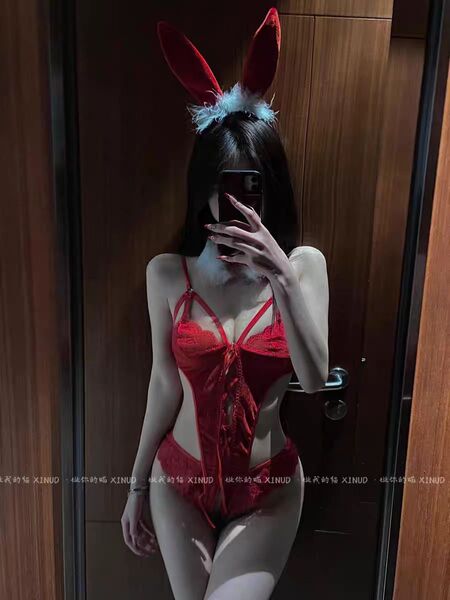 Red Velvet Bunny Girl Outfit - Christmas & New Year Sexy Lingerie Set for Small Bust - red