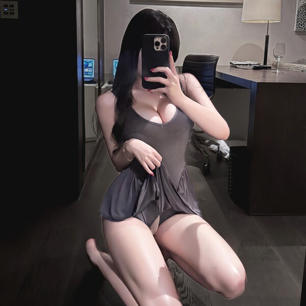 Woman in mirror selfie wearing qingran everyday zip-front open-crotch play dress 7841 - sexy pure-temptation lingerie, no-rem...