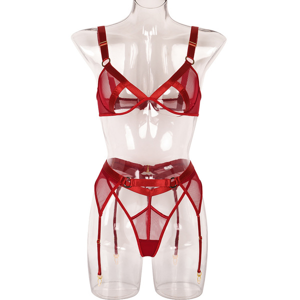 Russian & European Lace Bodysuit Set - 3-Piece Christmas Party Outfit with Cut-Out Details - Claret