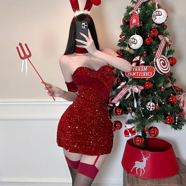 Sexy red sequined dress with devil horns and trident, perfect for christmas and valentines day costumes.