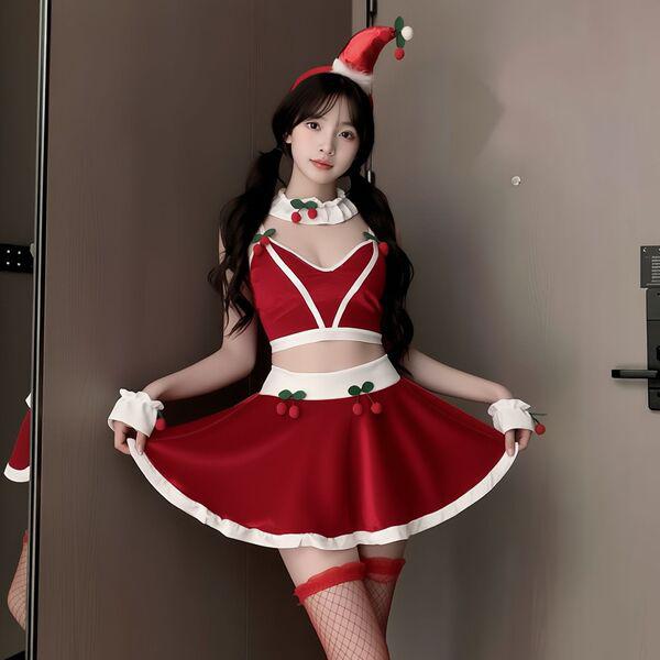 New Year Sexy Lingerie Set - Cherry-Themed Pure & Tempting Split Costume for Live Streamers