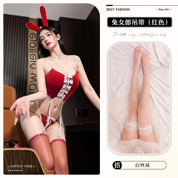 Sexy Velvet Bunny Girl Costume with Bow - Cute Christmas & New Year Outfit, Princess Tutu Dress - 8534 Red + White Stockings