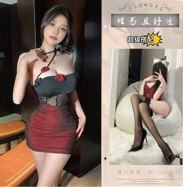 New Year Lingerie Set - Seductive Sheer Sleep Dress with Built-in Pads & Bodycon Fit - Image set + black stockings