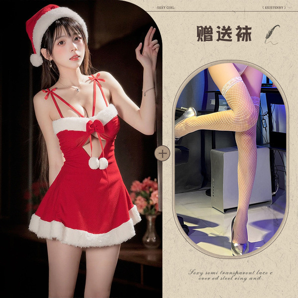 Christmas Velvet Lingerie Set - Sexy Role Play Sleep Dress, Naughty Holiday Costume for Women - Image style + white fishnet stockings