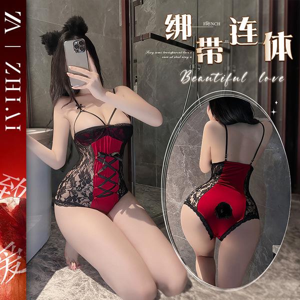 Sexy red lace bodysuit set - sheer vintage-themed costume with ties & strap details for new year eve