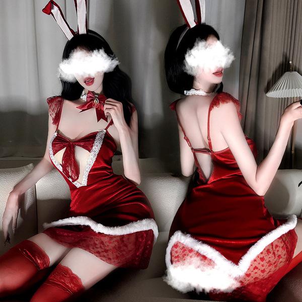 Sexy bunny girl costume set - festive christmas catwoman bodysuit for women, featuring a red velvet dress with bunny ears and...