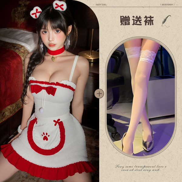 Christmas Bunny Costume for Women - Sexy Lingerie Role Play Outfit, Festive Stage Wear & Party Dress - White + white stockings