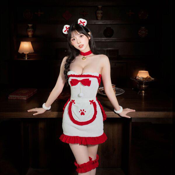 Sexy bunny costume for women featuring festive red and white design, perfect for role play, stage wear, or parties.