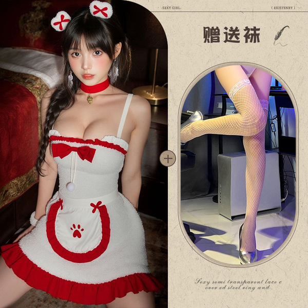 Christmas Bunny Costume for Women - Sexy Lingerie Role Play Outfit, Festive Stage Wear & Party Dress - White + white fishnet stockings
