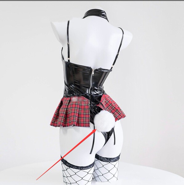 Genuine Yun Cosplay Bunny Girl Lingerie Set - British Student Style PVC Plaid Two-Piece Bondage Outfit - Set 7997 includes pom-poms