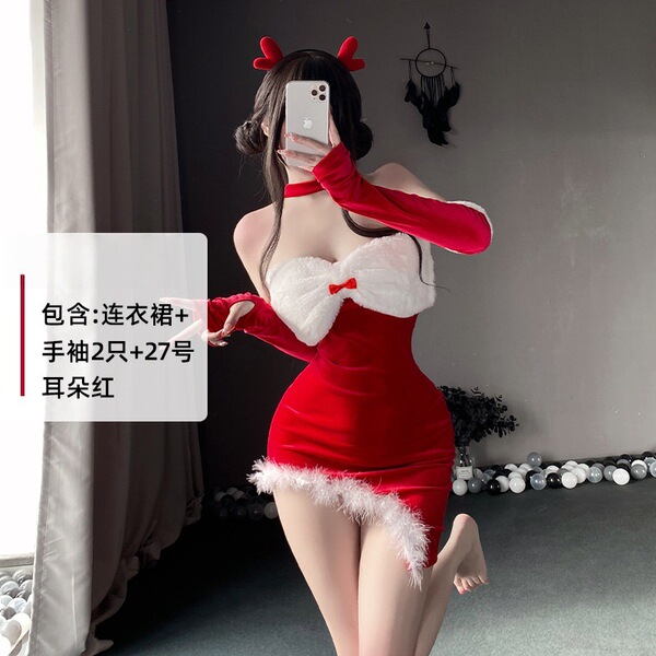 Red Bow Sexy Christmas Cosplay Outfit - Flirty Beveled Skirt Set for Holiday Parties & New Year Performances - red