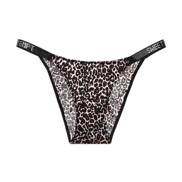 Ultra-thin ice silk thong yoga panties featuring a leopard print design, soft gusset, breathable fabric, and hypoallergenic m...