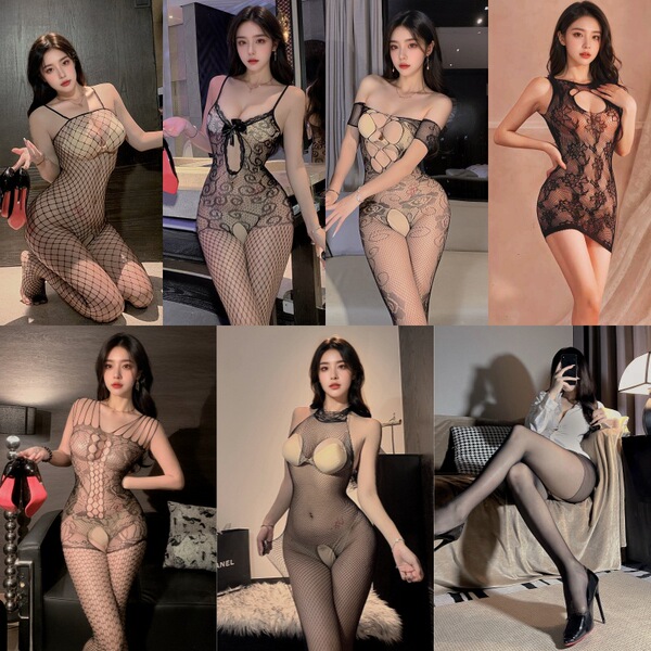 Sexy Sheer Mesh Lingerie Set for Small Bust - Open-Crotch Transparent Sleepwear & Provocative Costume Outfit - Luxury Combo Special Offer 7-Piece Set