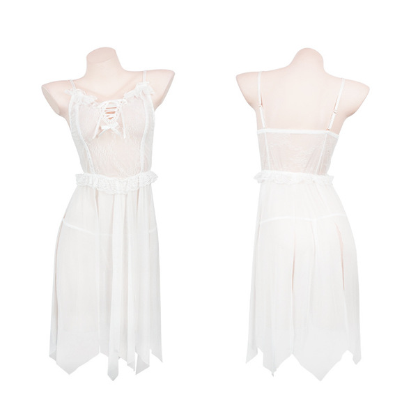 White lace tie-up sensual lingerie set featuring sheer mesh 8-petal skirt, breast-baring design, and adjustable straps.