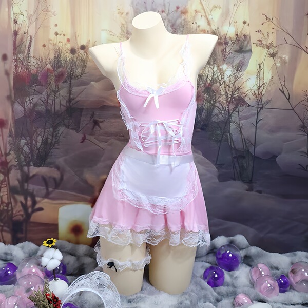 Sexy Maid Costume for Women - Seductive Lingerie Sleep Dress & Passionate Uniform Set, Plus Size Available - 2001 Pink Eight-Piece Set + 3D White Mesh