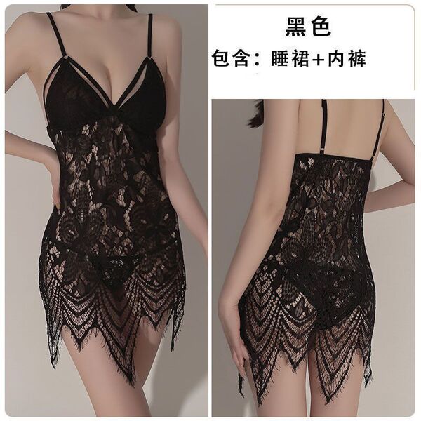 Lace Hollow-Out Sleep Dress - Sexy Satin Slip Nightgown with Open-Crotch Design for Couples - Black [80-130 lbs]