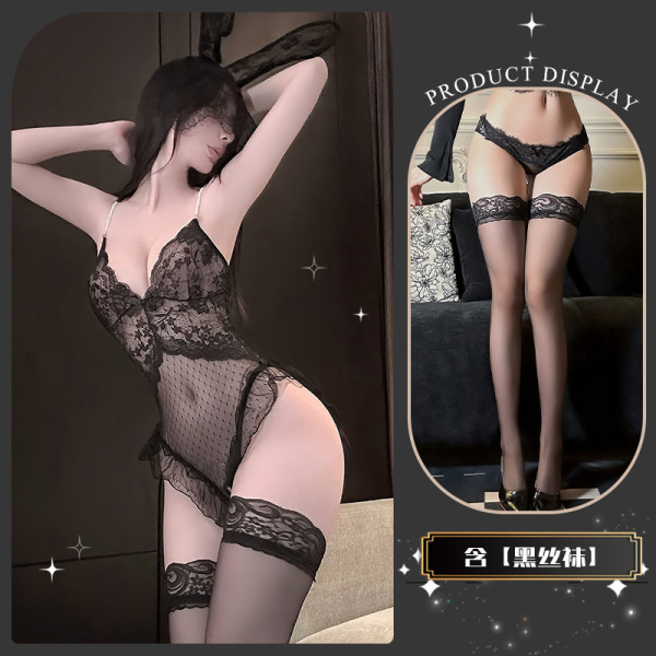 Seasonal Seductive Lace Bodysuit for Women - Sheer Mesh Strap Thong Bodysuit with Pearl Chain Detail - Black +8001 black stockings