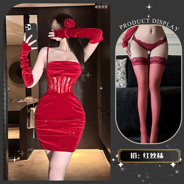 Red Velvet Lace Bodycon Mini Dress - Sheer Sexy Holiday Party Dress with Thin Straps & Sparkle Detail - Red +8001 Red Stockings