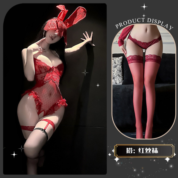 Seasonal Seductive Lace Bodysuit for Women - Sheer Mesh Strap Thong Bodysuit with Pearl Chain Detail - Red +8001 Red Stockings