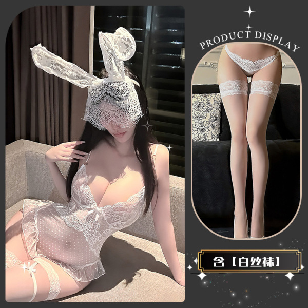 Seasonal Seductive Lace Bodysuit for Women - Sheer Mesh Strap Thong Bodysuit with Pearl Chain Detail - White +8001 white stockings