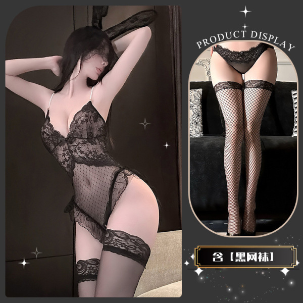 Seasonal Seductive Lace Bodysuit for Women - Sheer Mesh Strap Thong Bodysuit with Pearl Chain Detail - Black +8002 black fishnet stockings