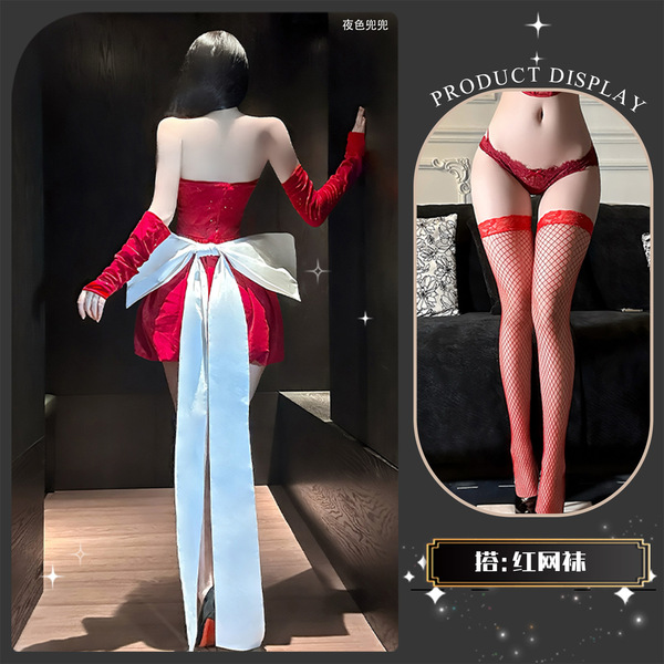 Sexy Off-Shoulder Bow Dress - Pure & Tempting New Year Uniform Style Sparkle Mini Dress, Princess-Inspired Lingerie Dres - Red +8002 Red Fishnet Stockings
