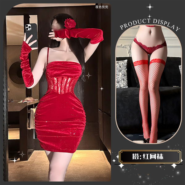 Red Velvet Lace Bodycon Mini Dress - Sheer Sexy Holiday Party Dress with Thin Straps & Sparkle Detail - Red +8002 Red Fishnet Stockings