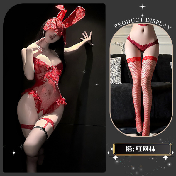 Seasonal Seductive Lace Bodysuit for Women - Sheer Mesh Strap Thong Bodysuit with Pearl Chain Detail - Red +8002 Red Fishnet Stockings