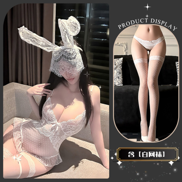 Seasonal Seductive Lace Bodysuit for Women - Sheer Mesh Strap Thong Bodysuit with Pearl Chain Detail - White +8002 white fishnet stockings