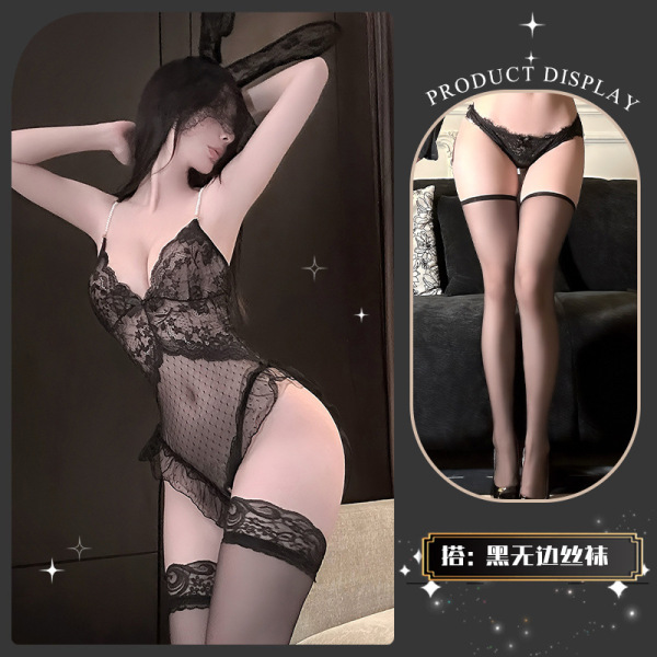 Seasonal Seductive Lace Bodysuit for Women - Sheer Mesh Strap Thong Bodysuit with Pearl Chain Detail - Black +8004 black stockings