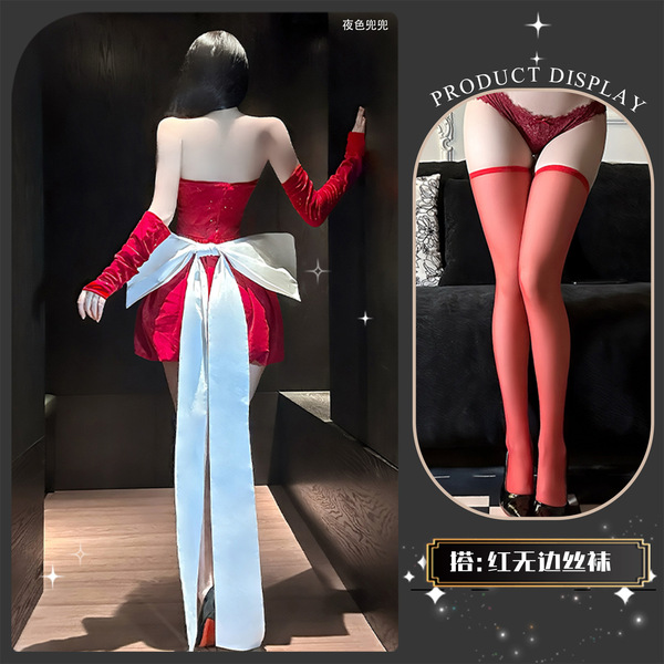 Sexy Off-Shoulder Bow Dress - Pure & Tempting New Year Uniform Style Sparkle Mini Dress, Princess-Inspired Lingerie Dres - Red +8004 red stockings