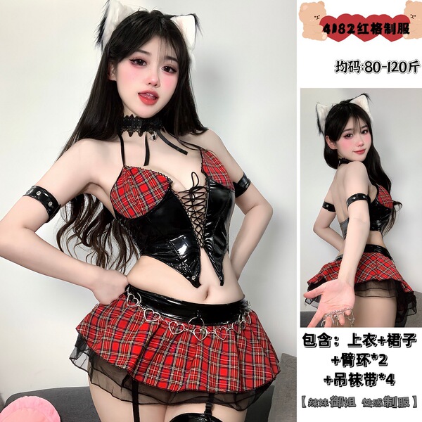 Glowing Cloud Cosplay Lingerie - Sexy PVC PU Leather Devil Costume, Pure-Yet-Seductive Anime-Inspired Outfit - Set 4182 + [8007 Leather Stockings]